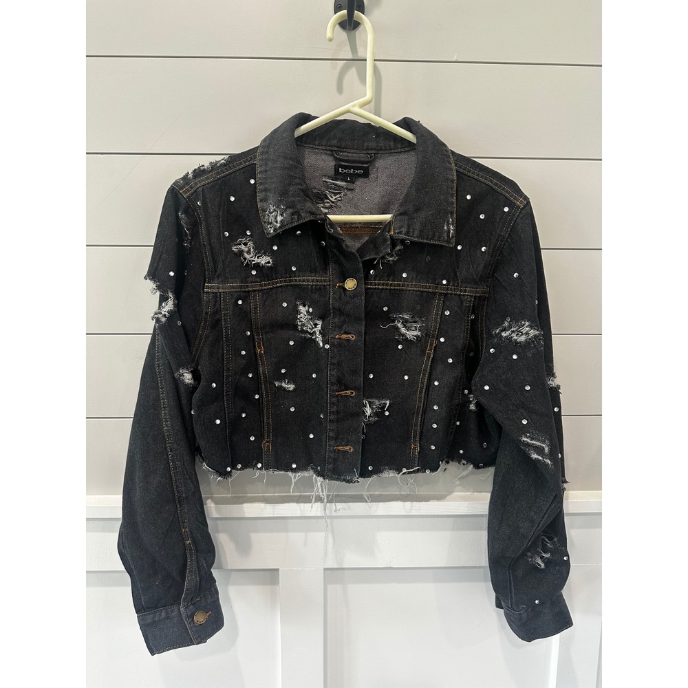 Bebe Womens Blue Distressed Rhinestone Cropped Denim Jacket Large Raw Hem Bling
